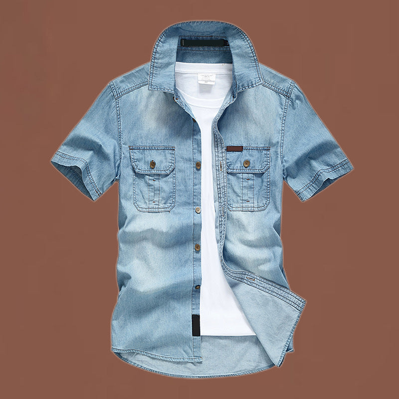 đ 50% RABATT NU! đ Herr Casual Denimskjorta med Korta Ărmar â Bomullsblandning & Vintage TvĂ€ttad â Perfekt för Sommar & Vardag â Dubbla Bröstfickor âïž