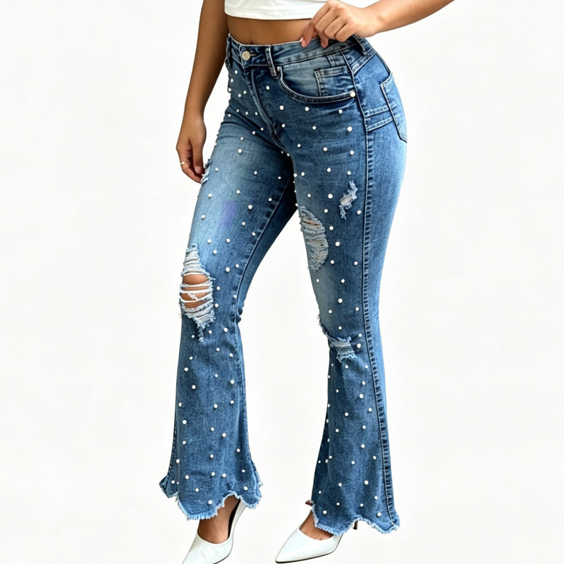 đ Dammjeans med hög midja och utsvĂ€ngda ben samt slitna detaljer â Trendiga utsvĂ€ngda jeans med bekvĂ€m passform och tuff denimlook âš