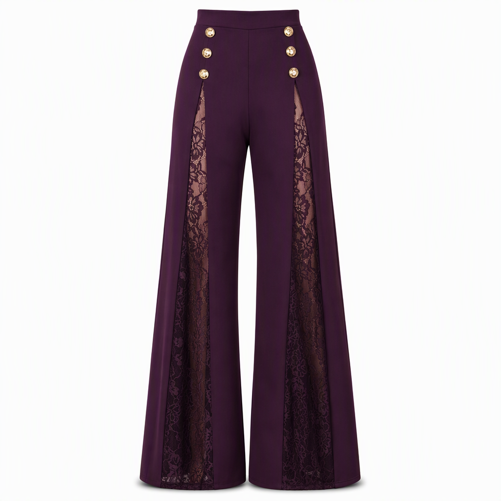 ✨ Elegant kollektion 🤎 Dammbyxor med hög midja, spetsinsatser och guldfärgade knappar – vida ben, lyxig look och bekväm passform