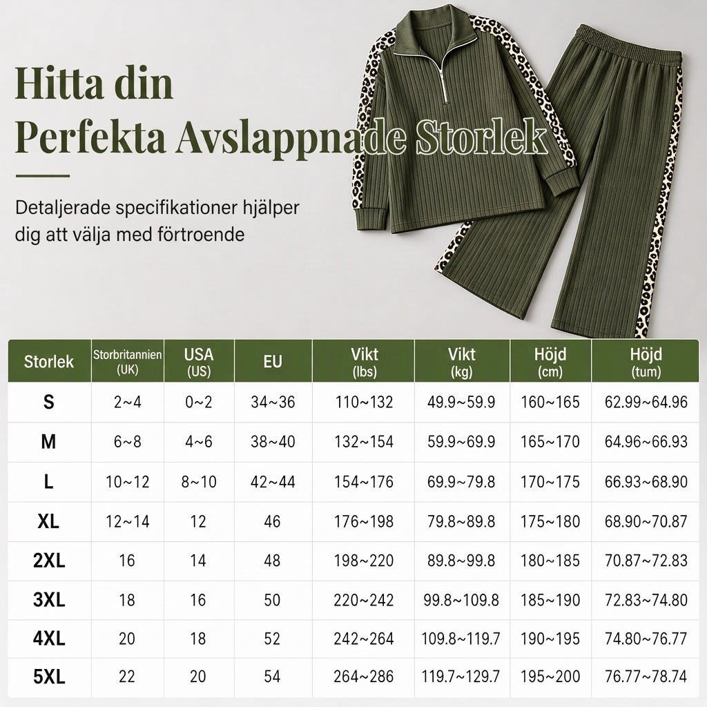 Tvadelad vardagsrumsset i stickat tyg med skärhals och vida byxor för kvinnor, med paneler i leopardmönster
