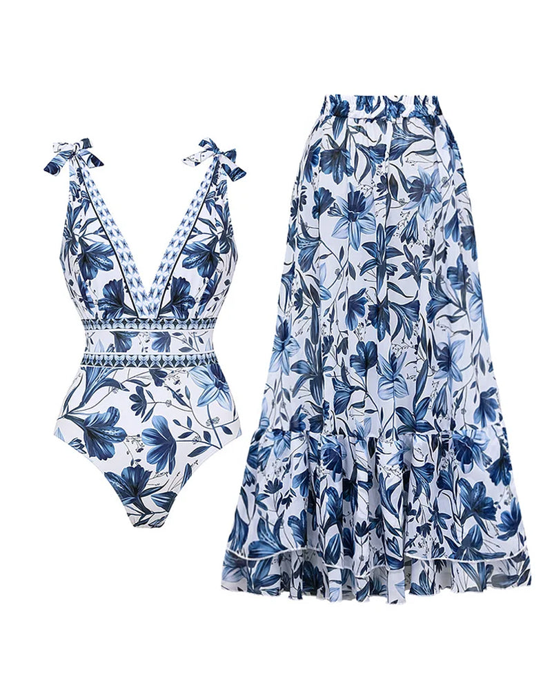 💥 Specialförsäljning 49% OFF🩱V Neck Lace Up Printed One Piece Baddräkt och kjol