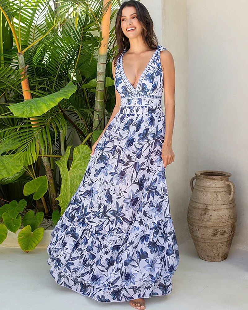 💥 Specialförsäljning 49% OFF🩱V Neck Lace Up Printed One Piece Baddräkt och kjol