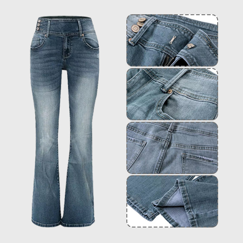 đ„đ„Midiross Vintage Button Side Design Jeans med utsvĂ€ngd midja