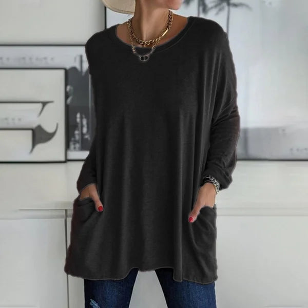 đ„Köp 2 och fĂ„ fri frakt - Rund hals LĂ„ngĂ€rmad lös ficka Solid T-shirt