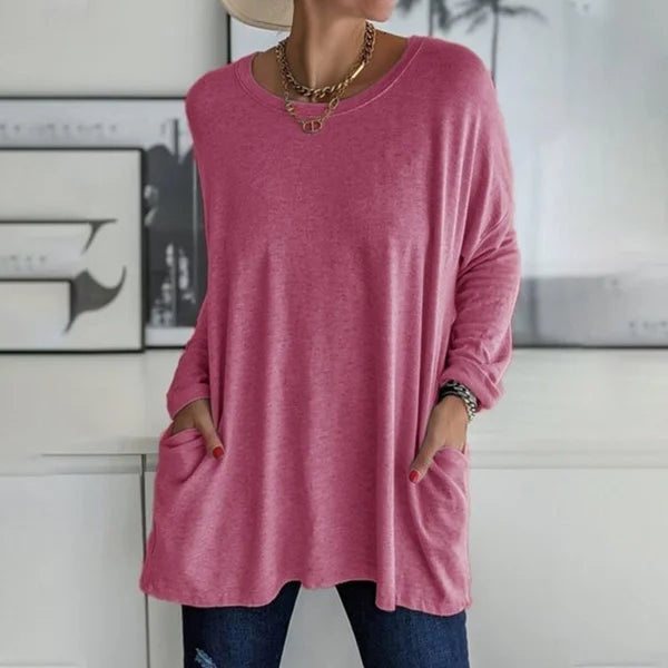 đ„Köp 2 och fĂ„ fri frakt - Rund hals LĂ„ngĂ€rmad lös ficka Solid T-shirt