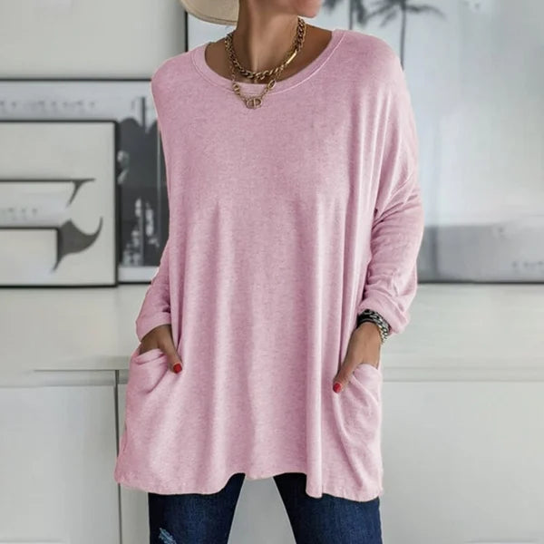 đ„Köp 2 och fĂ„ fri frakt - Rund hals LĂ„ngĂ€rmad lös ficka Solid T-shirt