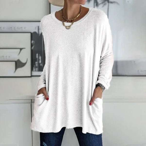 đ„Köp 2 och fĂ„ fri frakt - Rund hals LĂ„ngĂ€rmad lös ficka Solid T-shirt