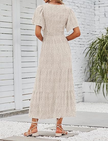 🌸 Avslappnad Maxiklänning för Damer med Blommönster – Korta Flänsar i Sammet, Smock & Hög Midja För En Elegant Silhuett ☀️