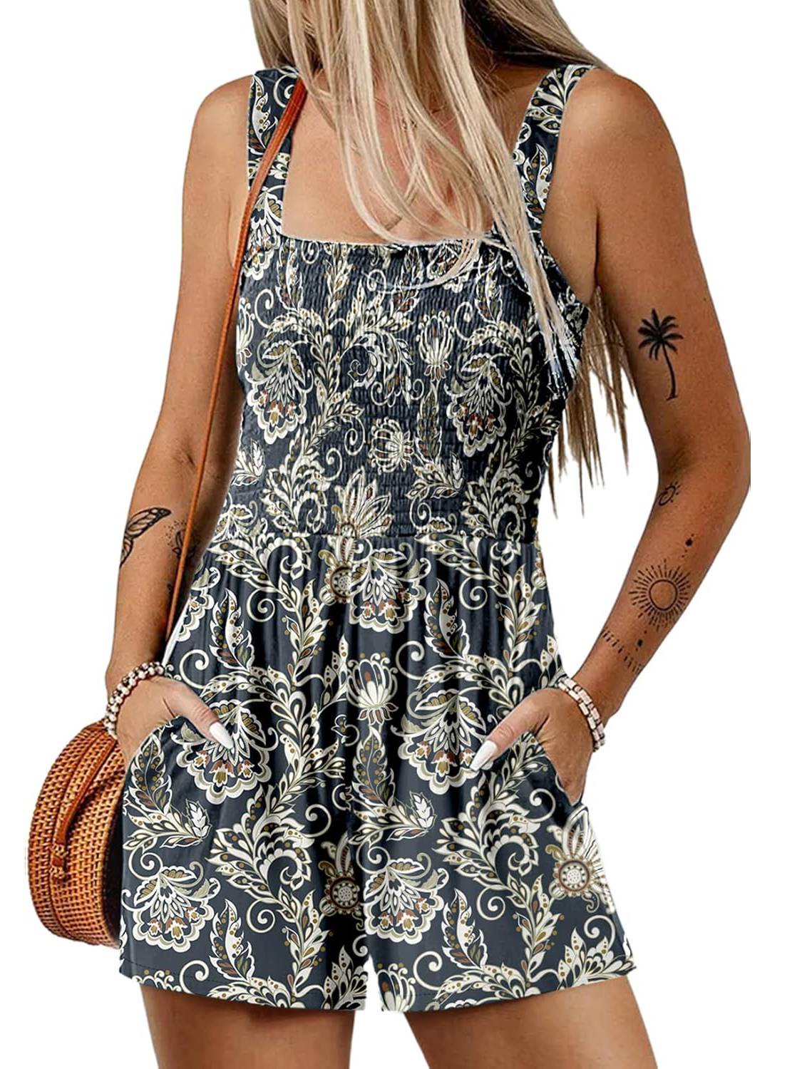 ⏰Hot Sale 49% rabatt💃Kvinnors sommar Fyrkantig halsringning Ärmlös Lös avslappnad kort Romper med smock