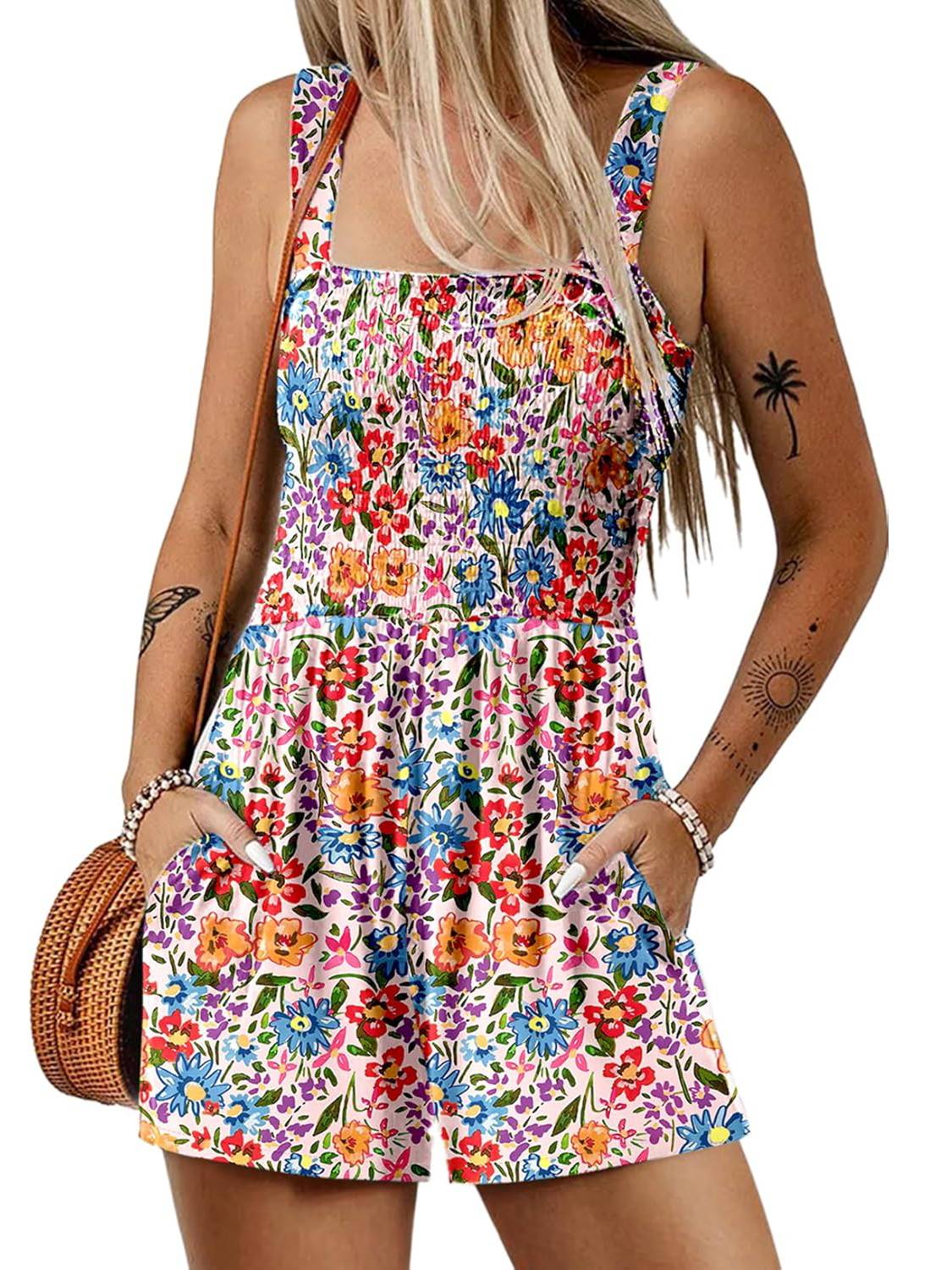 ⏰Hot Sale 49% rabatt💃Kvinnors sommar Fyrkantig halsringning Ärmlös Lös avslappnad kort Romper med smock