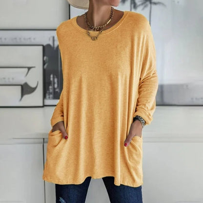🔥50 % RABATT🔥 Löst sittande långärmad T-shirt för dam med rund hals – Bekväm och snygg 👕✨