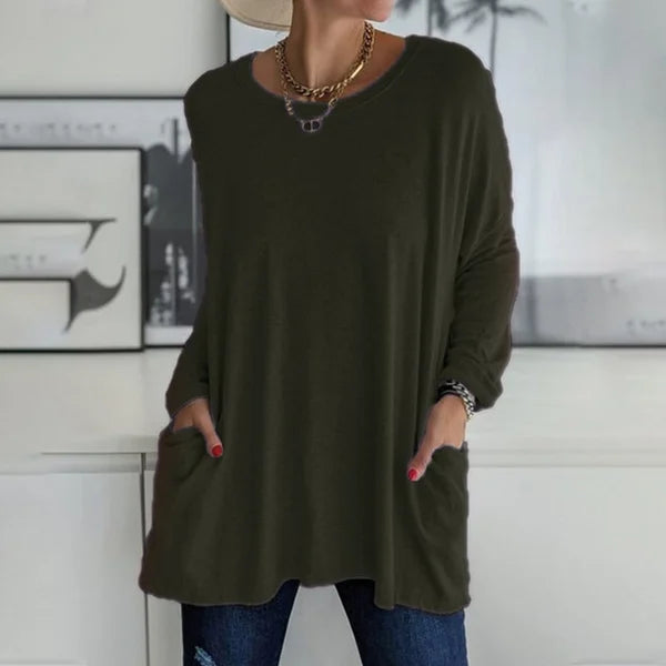 🔥50 % RABATT🔥 Löst sittande långärmad T-shirt för dam med rund hals – Bekväm och snygg 👕✨