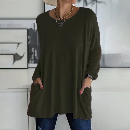🔥50 % RABATT🔥 Löst sittande långärmad T-shirt för dam med rund hals – Bekväm och snygg 👕✨