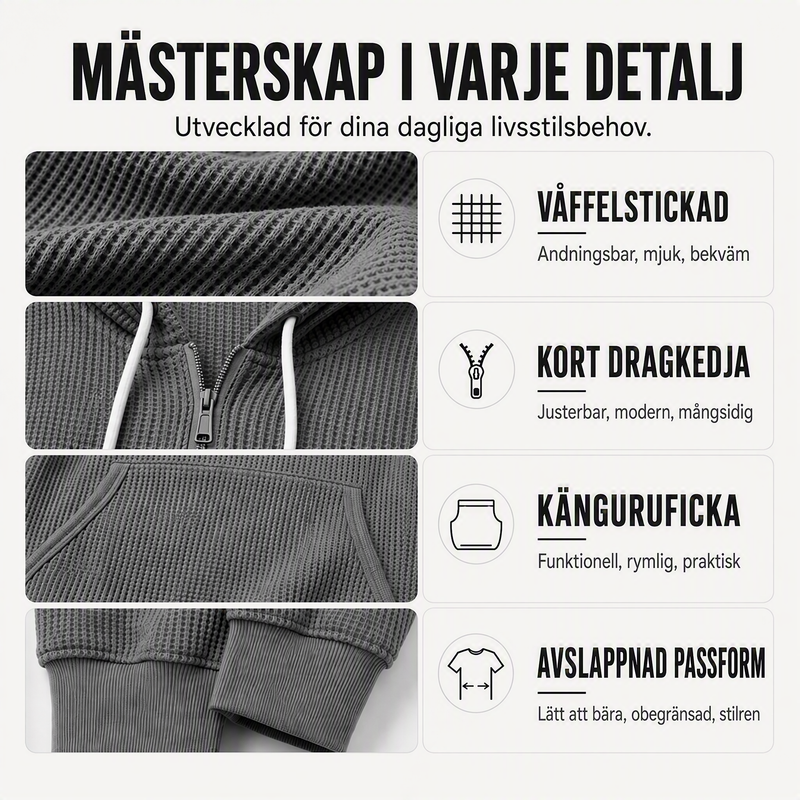 Huvtröja i stickat material med kort dragkedja för män
