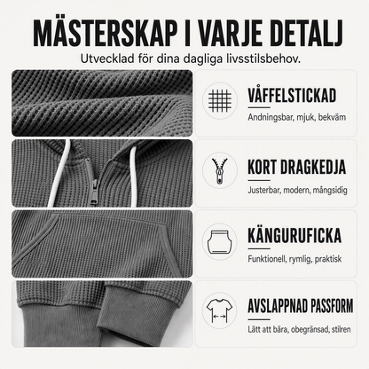 Huvtröja i stickat material med kort dragkedja för män