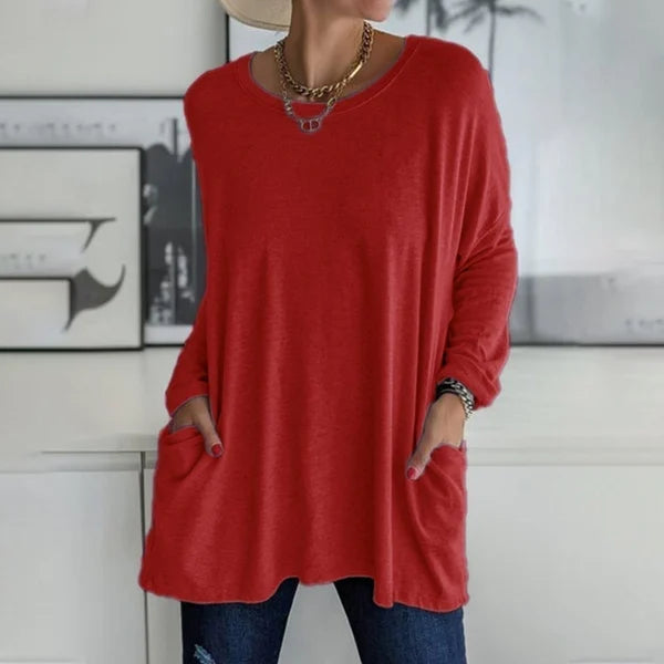 🔥50 % RABATT🔥 Löst sittande långärmad T-shirt för dam med rund hals – Bekväm och snygg 👕✨