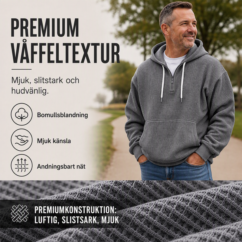 Huvtröja i stickat material med kort dragkedja för män