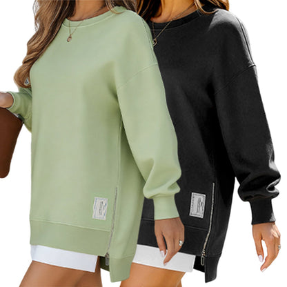 Långärmad tröja med dragkedja och slits, avslappnad sweatshirt