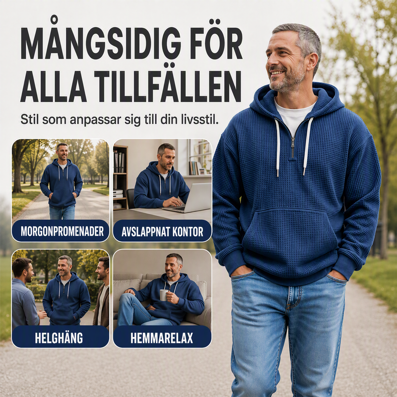 Huvtröja i stickat material med kort dragkedja för män