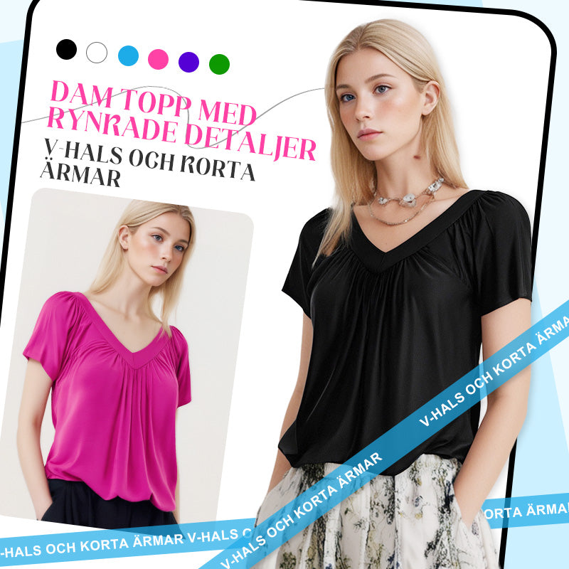 ✨2026 Het Utförsäljning - 50% Rabatt✨ Dam Topp med Rynkade Detaljer, V-hals och Korta Ärmar