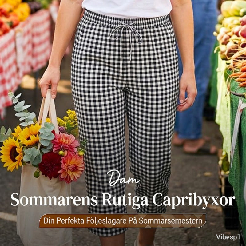 👖🌸 Rutiga capribyxor i bomull-linne med dragsko