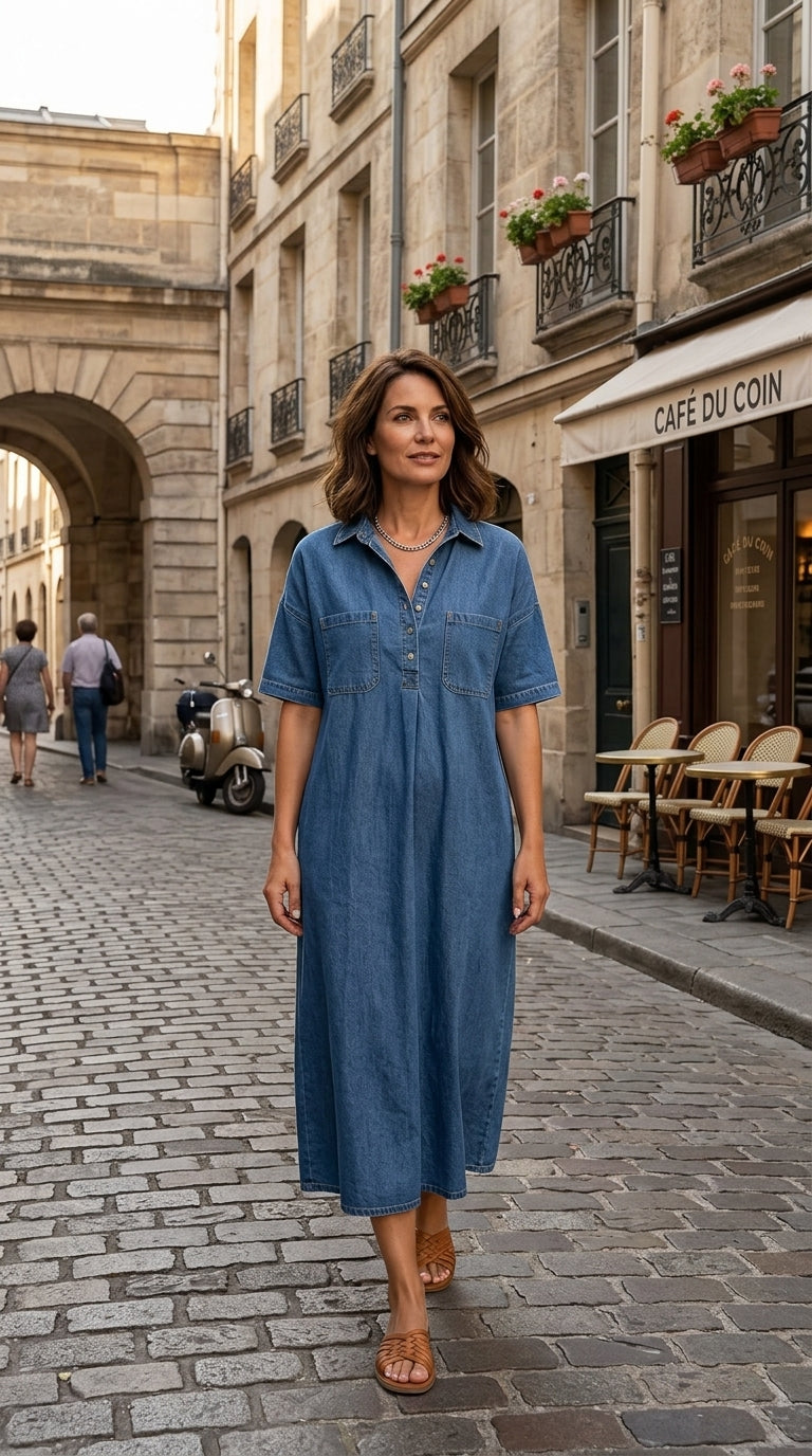 👗Ljus denim midiklänning med fickor