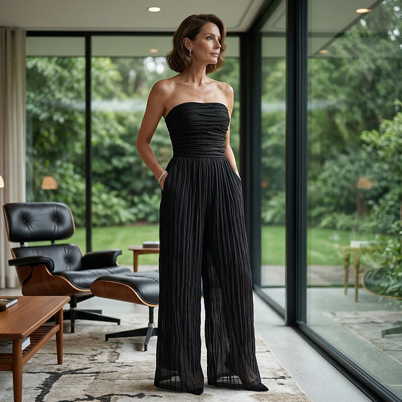 Strapeless skrynklig jumpsuit med vida ben