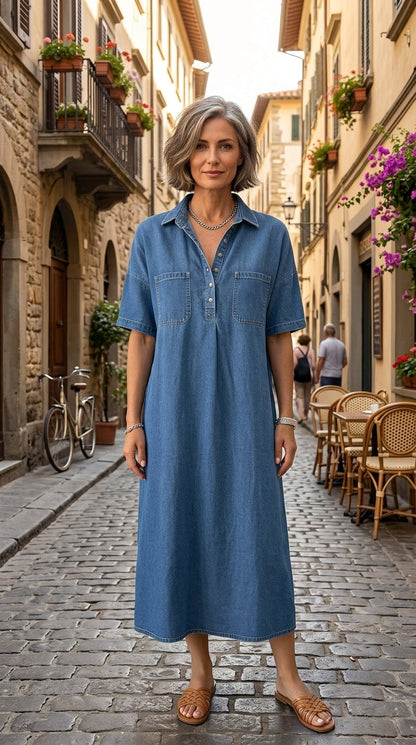 👗Ljus denim midiklänning med fickor