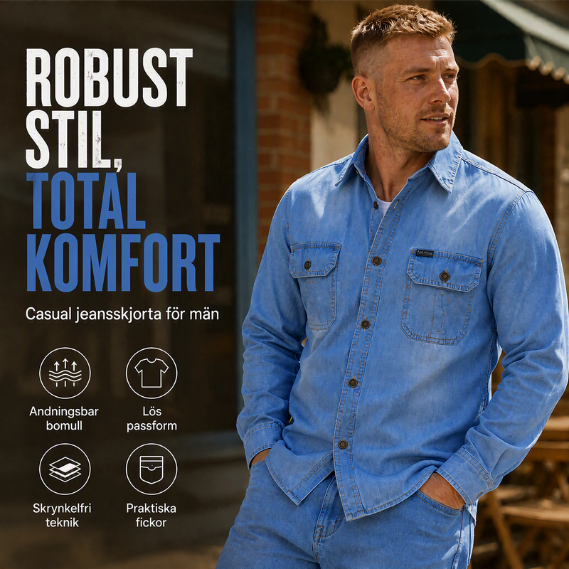 Herr ledig långärmad denimskjorta