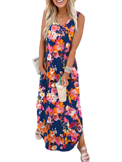 🎉Sista dagens erbjudande 50% RABATT💃2026 Sommar Boho Print Maxiklänning med V-ringning och fickor