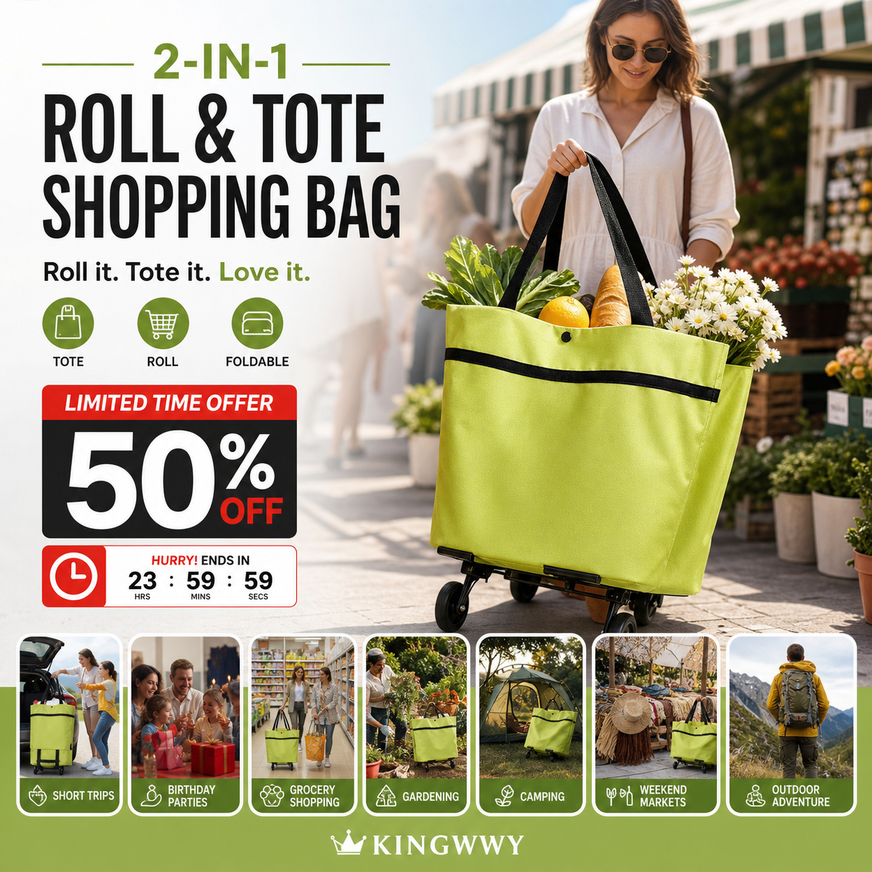 🧳 2‑i‑1 Hopfällbar Shoppingvagn – Stor Kapacitet & Slitstarkt Oxford-tyg – Perfekt för Matbutik, Marknad, Camping & Resor 🌿