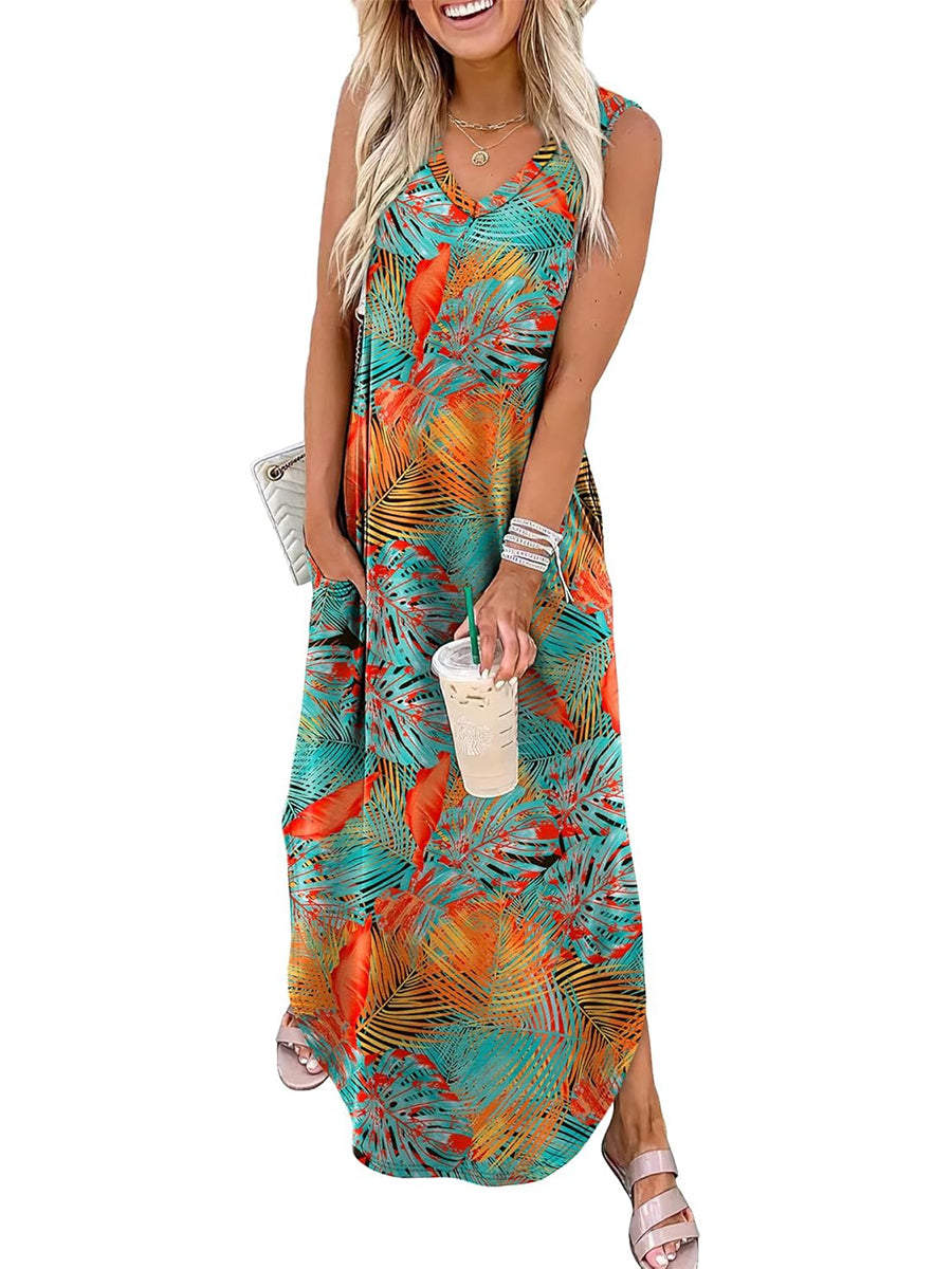 🎉Sista dagens erbjudande 50% RABATT💃2026 Sommar Boho Print Maxiklänning med V-ringning och fickor