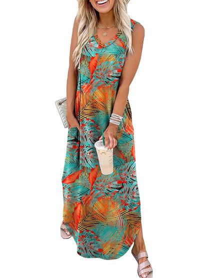 🎉Sista dagens erbjudande 50% RABATT💃2026 Sommar Boho Print Maxiklänning med V-ringning och fickor