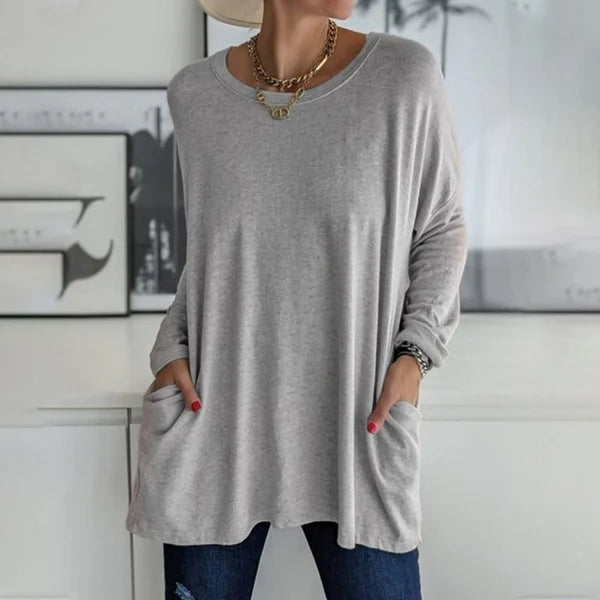 🔥50 % RABATT🔥 Löst sittande långärmad T-shirt för dam med rund hals – Bekväm och snygg 👕✨
