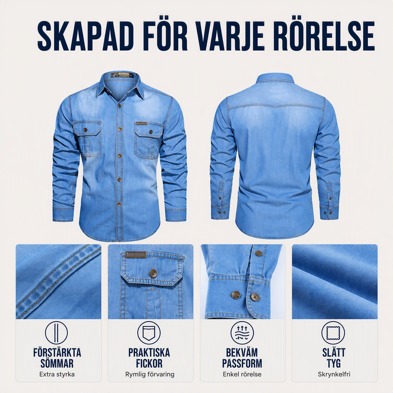Herr ledig långärmad denimskjorta