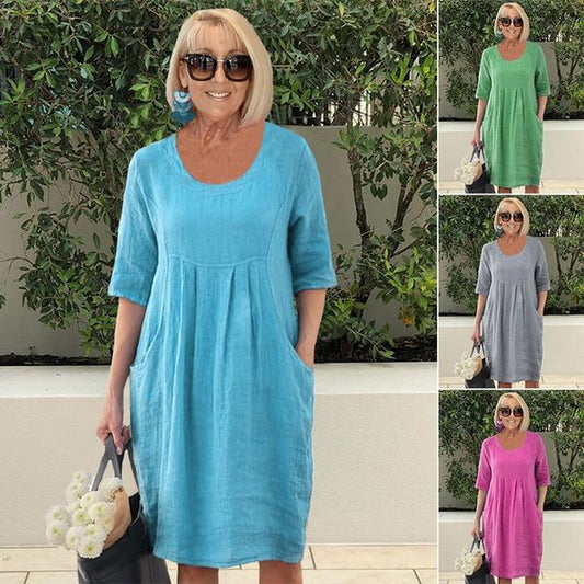 🔥GIG SALE 49% OFF🔥👗Solid Color Cotton Linen Pockets Tunic Midi Dress