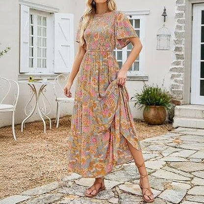 🌸 Avslappnad Maxiklänning för Damer med Blommönster – Korta Flänsar i Sammet, Smock & Hög Midja För En Elegant Silhuett ☀️