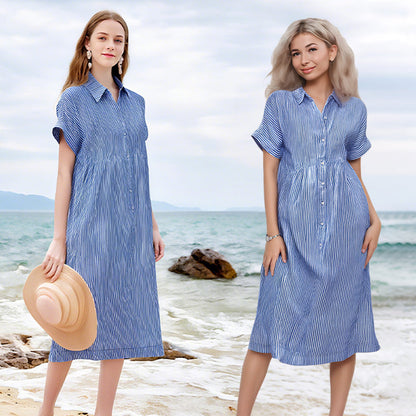 💗Sommarrea - 50% rabatt💗 Randig lång V-ringad skjortklänning för kvinnor