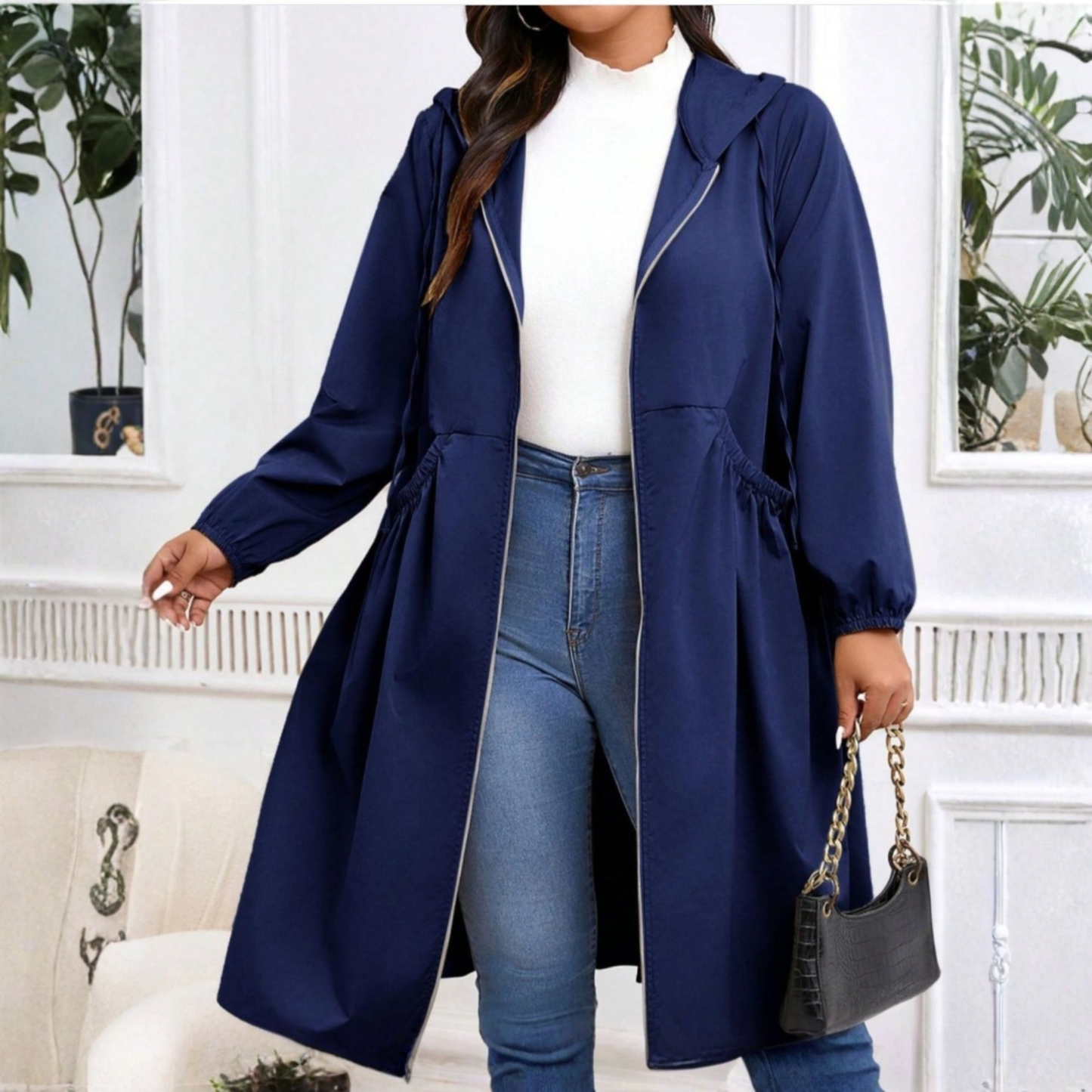 💖REA – 50 % RABATT🧥Avslappnad långärmad kappa i stora storlekar med dragsko, dragkedja och huva
