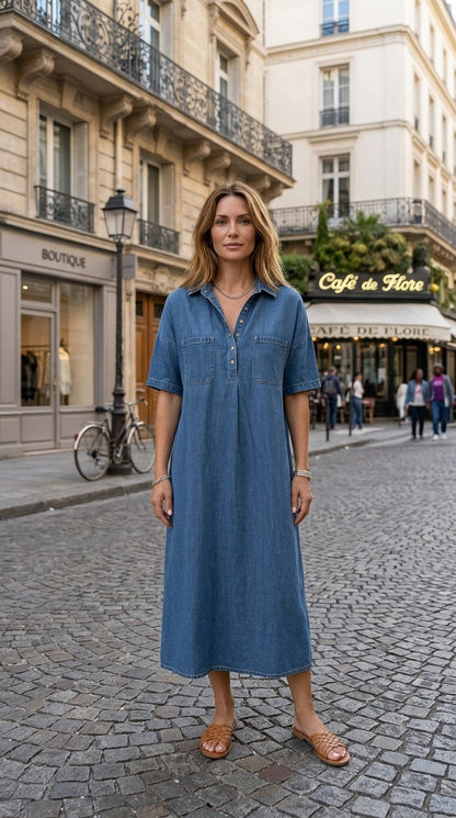 👗Ljus denim midiklänning med fickor