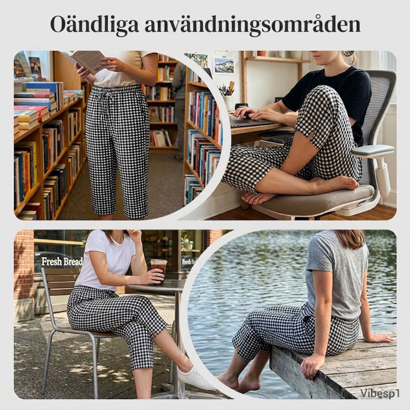 👖🌸 Rutiga capribyxor i bomull-linne med dragsko