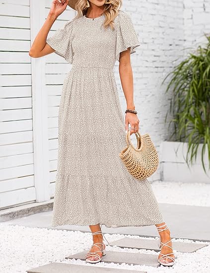 🌸 Avslappnad Maxiklänning för Damer med Blommönster – Korta Flänsar i Sammet, Smock & Hög Midja För En Elegant Silhuett ☀️