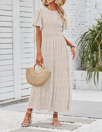 🌸 Avslappnad Maxiklänning för Damer med Blommönster – Korta Flänsar i Sammet, Smock & Hög Midja För En Elegant Silhuett ☀️