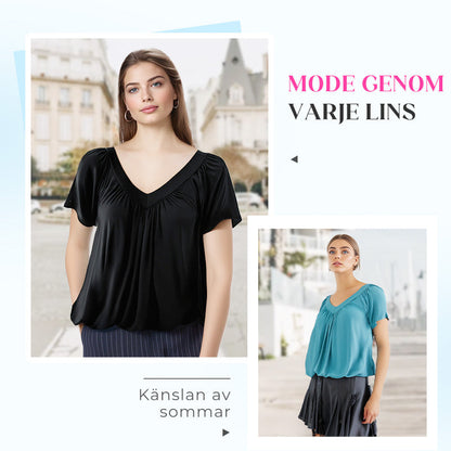 ✨2026 Het Utförsäljning - 50% Rabatt✨ Dam Topp med Rynkade Detaljer, V-hals och Korta Ärmar