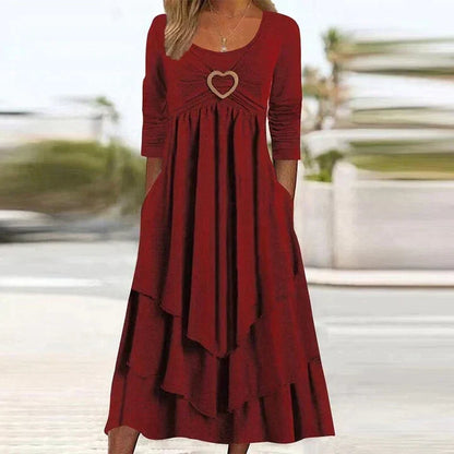 Bästsäljare🏆👗 Midi-klänning i lager-på-lager-stil med hjärtdetalj – smickrande A-linje och luftigt tyg, perfekt för resor eller festligheter