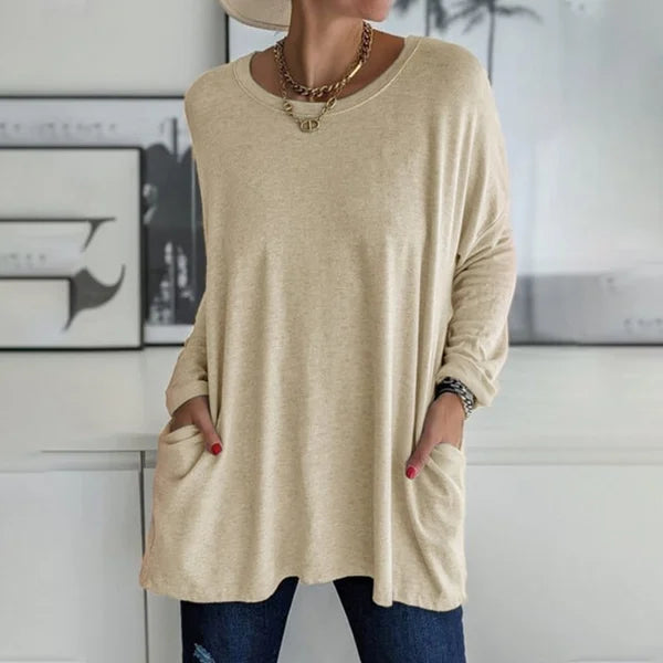 🔥50 % RABATT🔥 Löst sittande långärmad T-shirt för dam med rund hals – Bekväm och snygg 👕✨