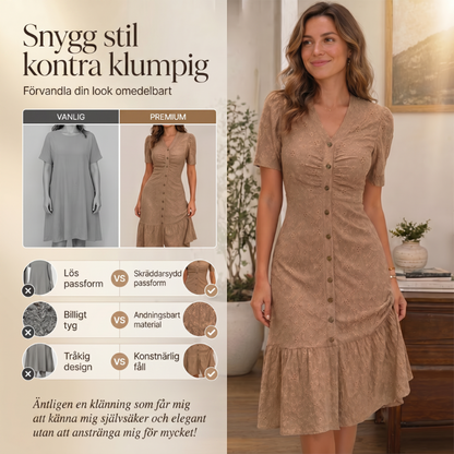 ✨ Elegant midiklänning i spets – V-ringning, puffärmar och volangkant ✨