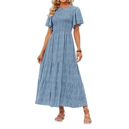 🌸 Avslappnad Maxiklänning för Damer med Blommönster – Korta Flänsar i Sammet, Smock & Hög Midja För En Elegant Silhuett ☀️