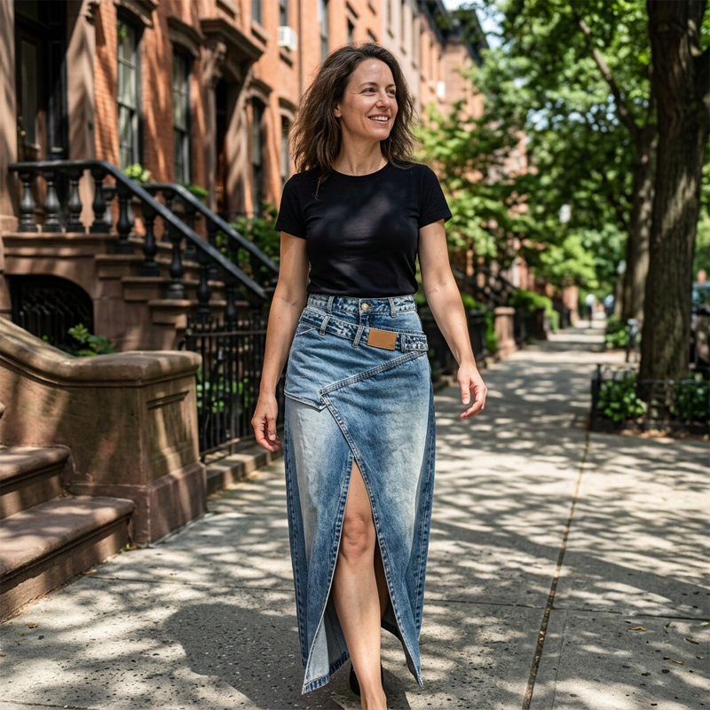 👗✨ Asymmetrisk lager denim maxikjol med slits