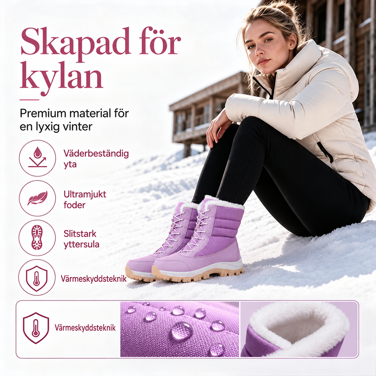 Vattentäta snökängor för dam med plyschfoder och skaft i mellanhöjd